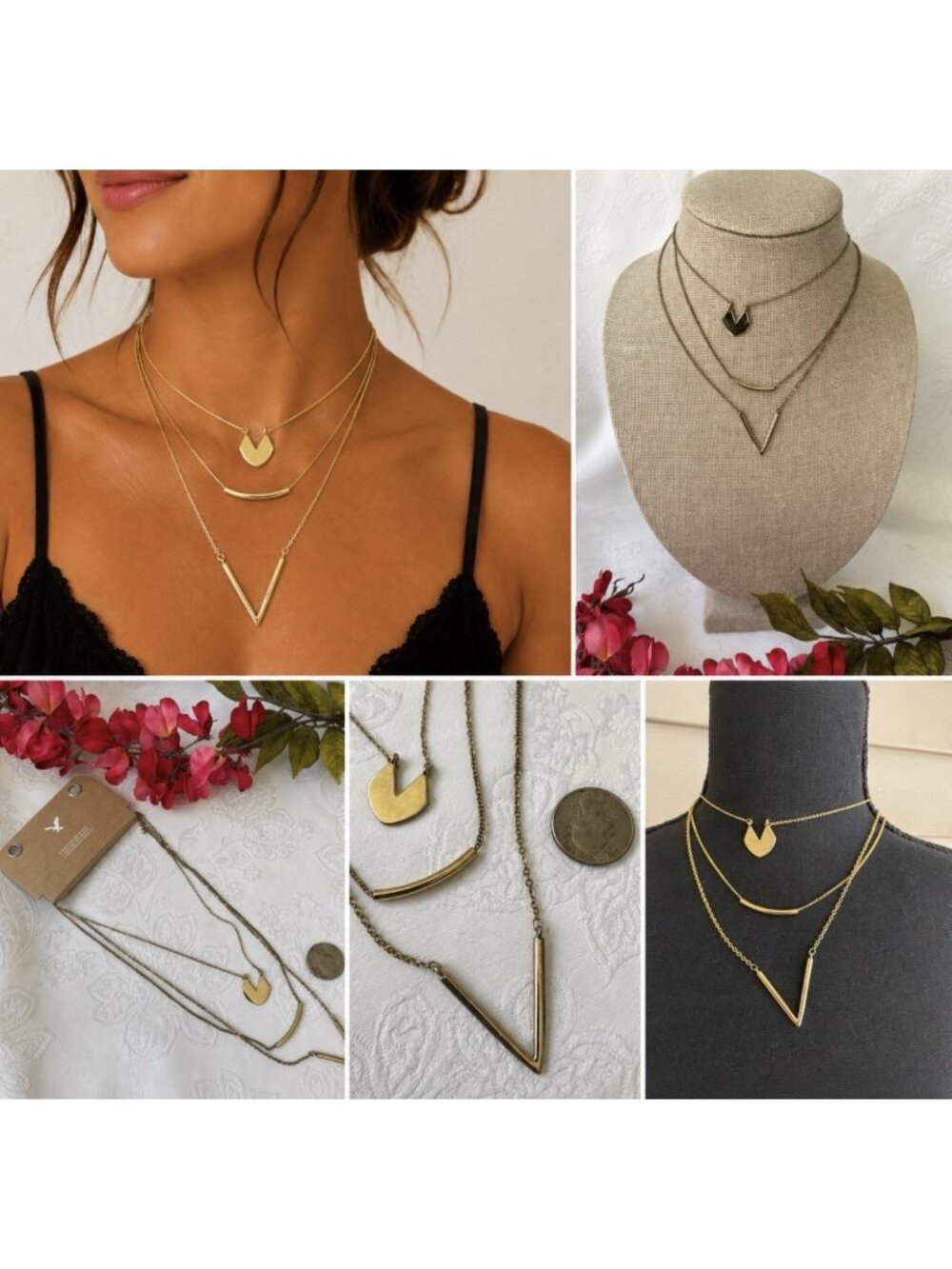 American Eagle Gold Tone 3 Chain Charm Dainty Layered Statement Necklace NEW